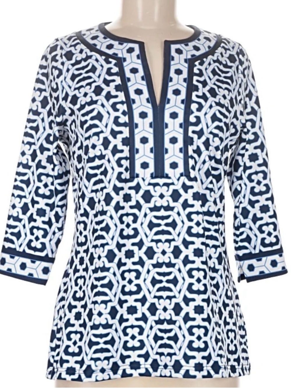 Gretchen Scott Navy White Geometric Print Tunic Top Block Print Preppy Large
